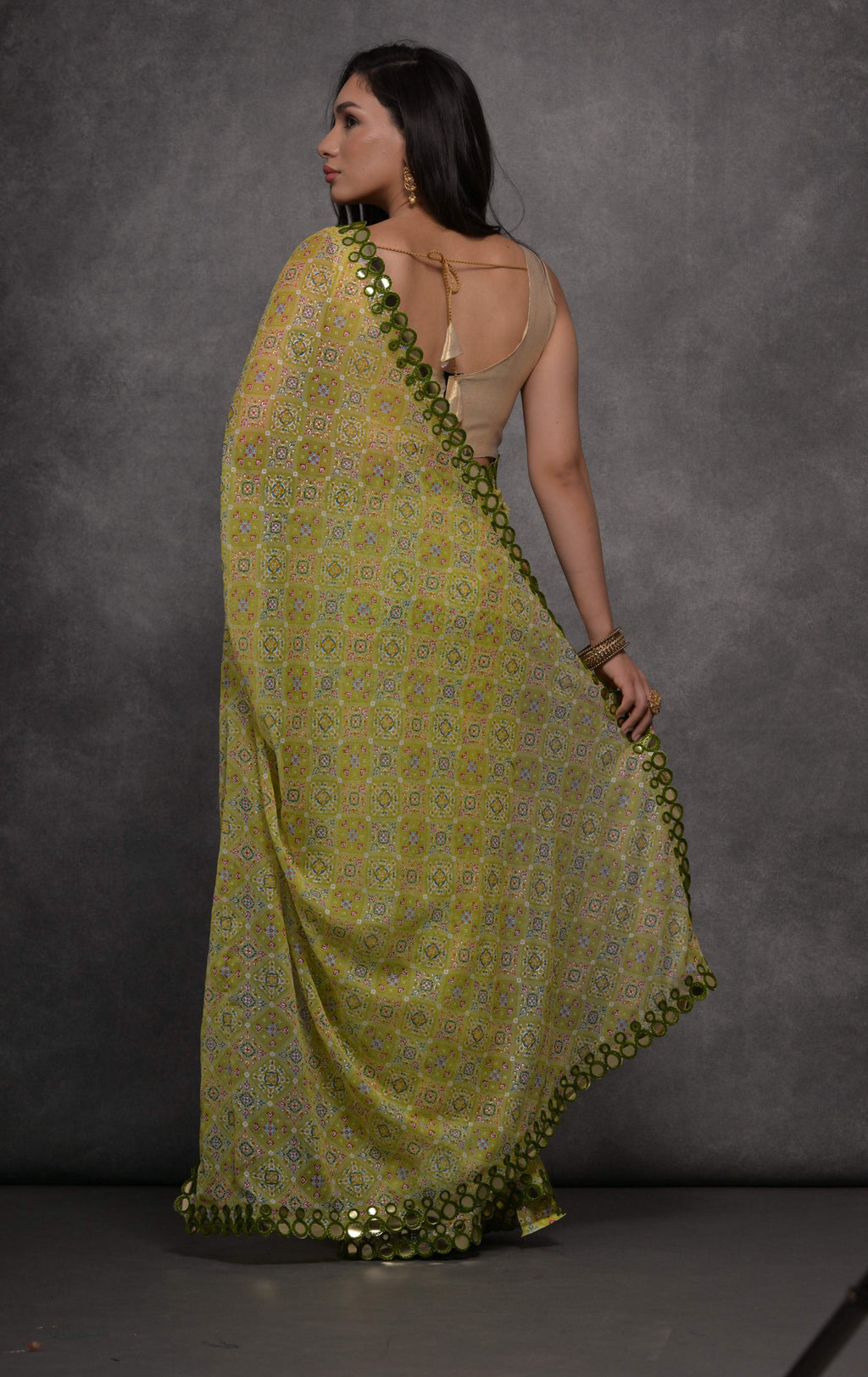 Jyoti Fashion Women's Mehendi Chiffon Mirror Work Designer Saree with Blouse | Grocsy