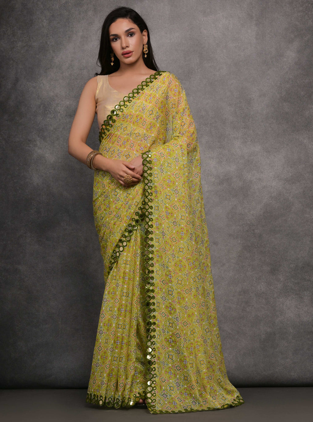 Jyoti Fashion Women's Mehendi Chiffon Mirror Work Designer Saree with Blouse | Grocsy