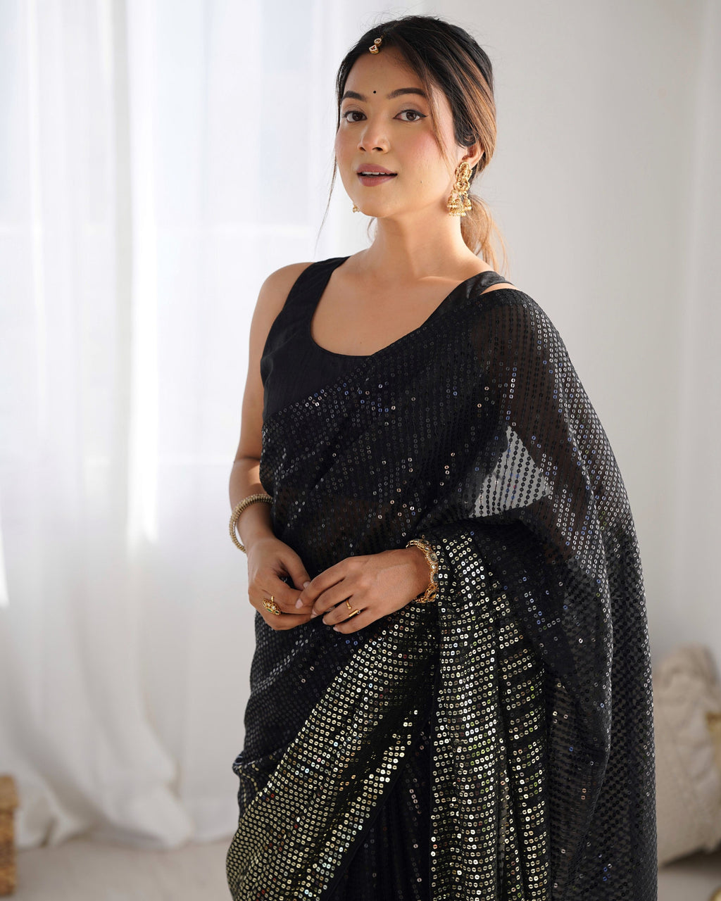 Jyoti Fashion Women's Black Georgette Sequins Designer Saree with Blouse | Grocsy