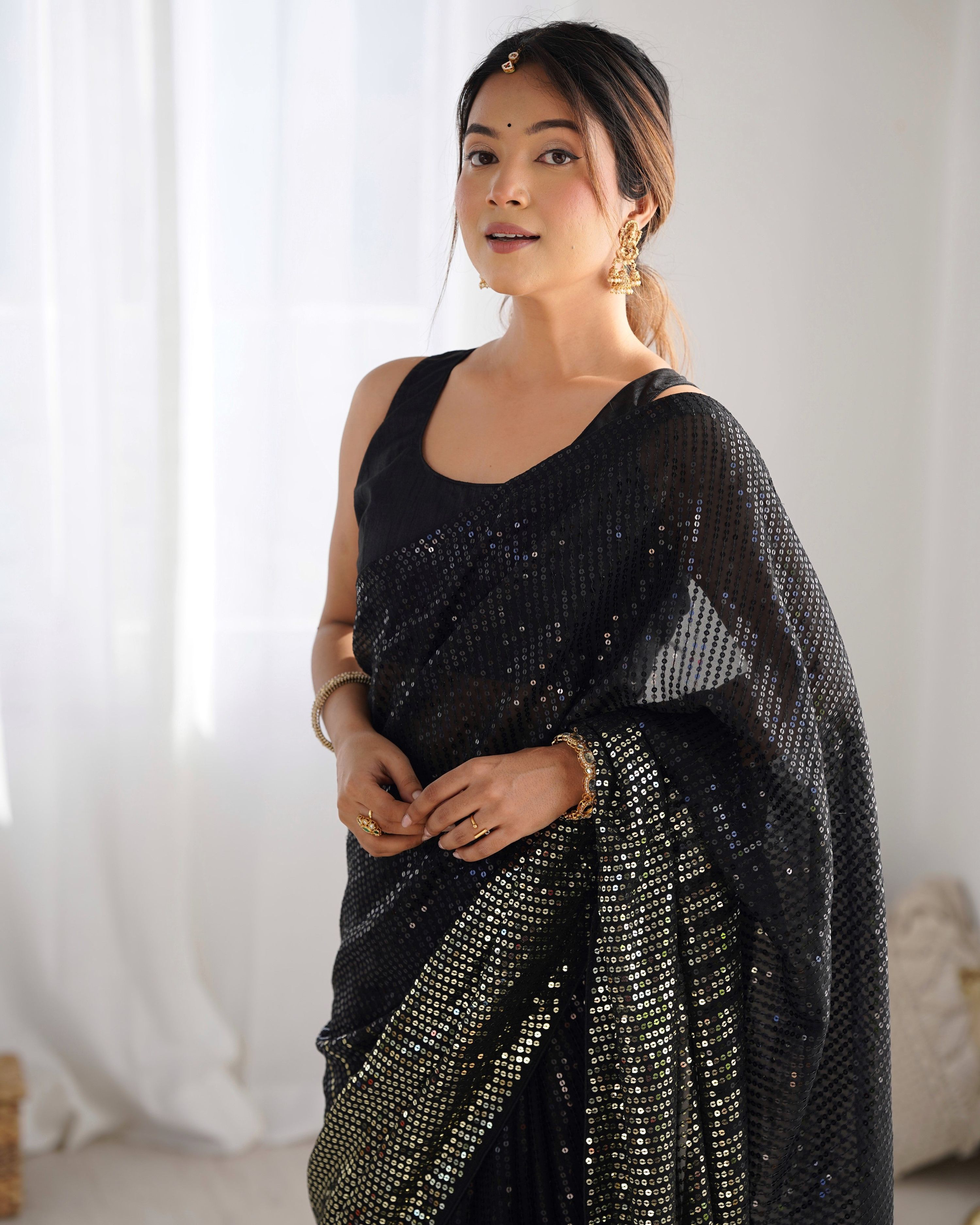 Jyoti Fashion Women's Black Georgette Sequins Designer Saree with Blouse | Grocsy