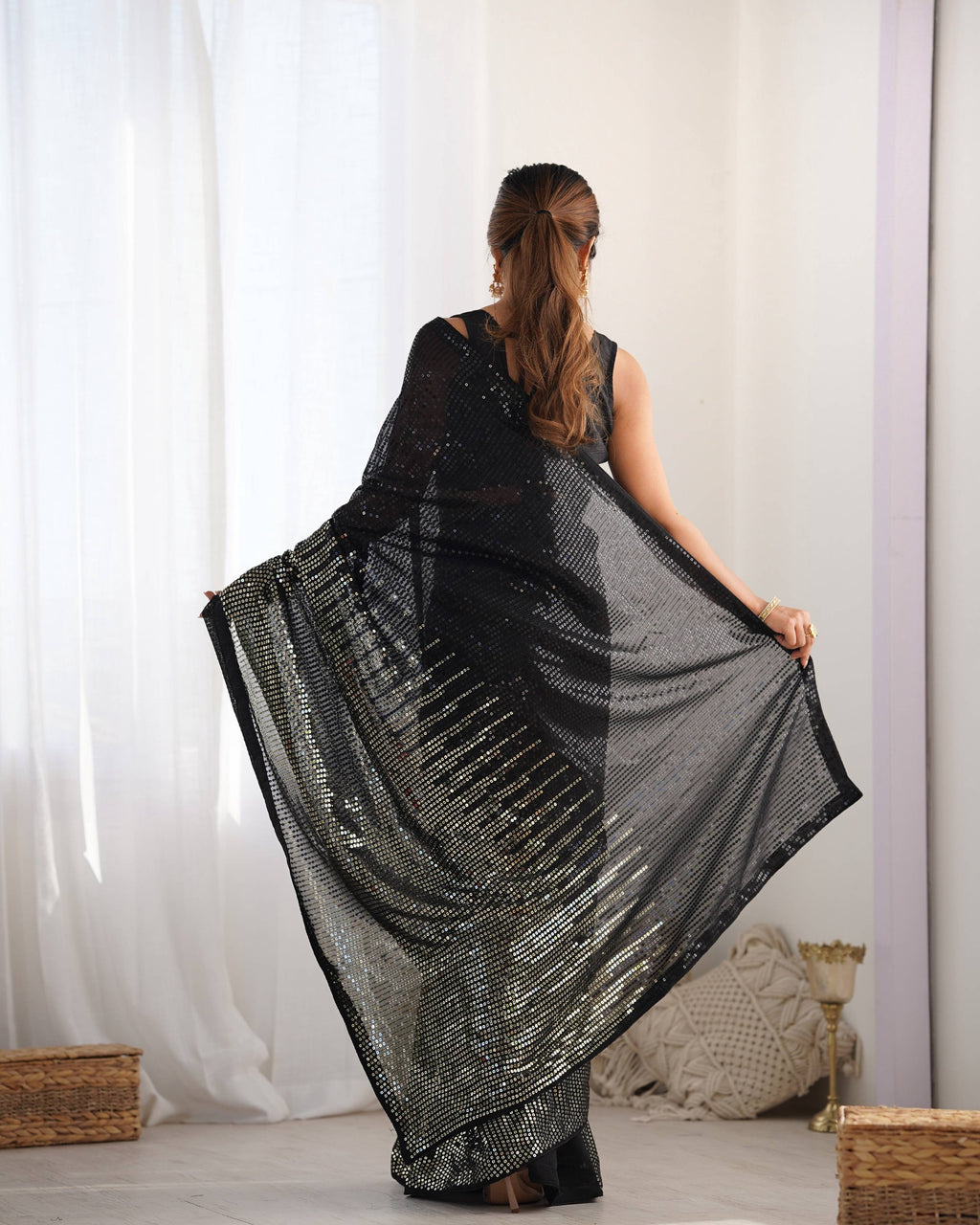 Jyoti Fashion Women's Black Georgette Sequins Designer Saree with Blouse | Grocsy