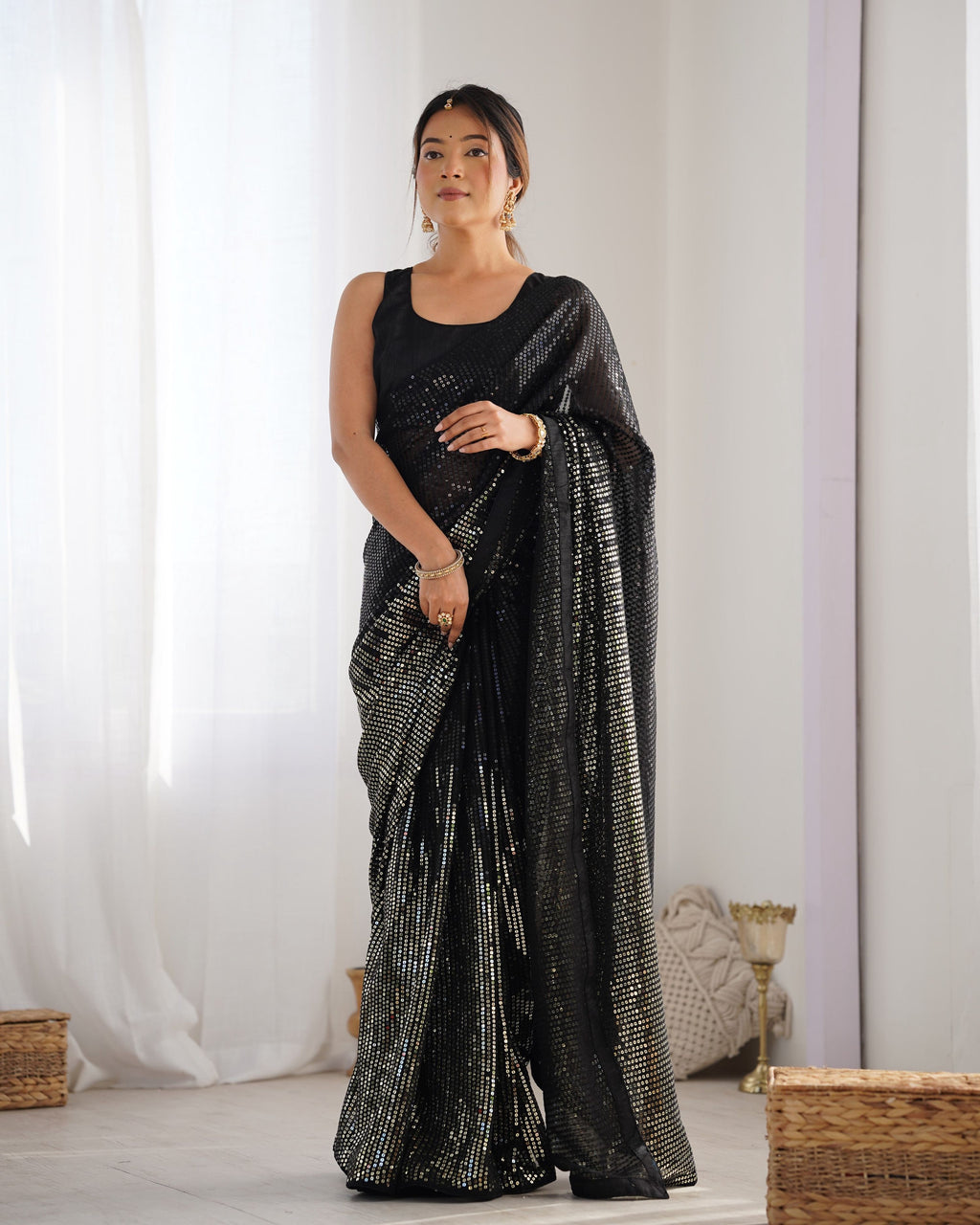 Jyoti Fashion Women's Black Georgette Sequins Designer Saree with Blouse | Grocsy