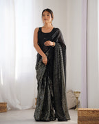 Jyoti Fashion Women's Black Georgette Sequins Designer Saree with Blouse | Grocsy