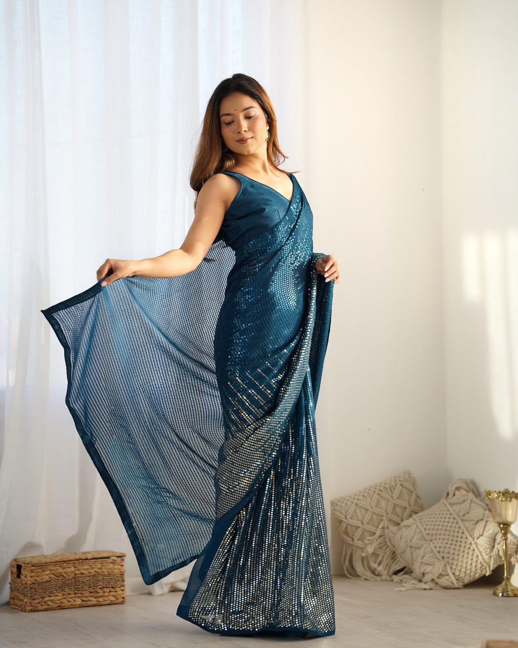 Jyoti Fashion Women's Teal Georgette Sequins Designer Saree with Blouse | Grocsy