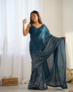 Jyoti Fashion Women's Teal Georgette Sequins Designer Saree with Blouse | Grocsy