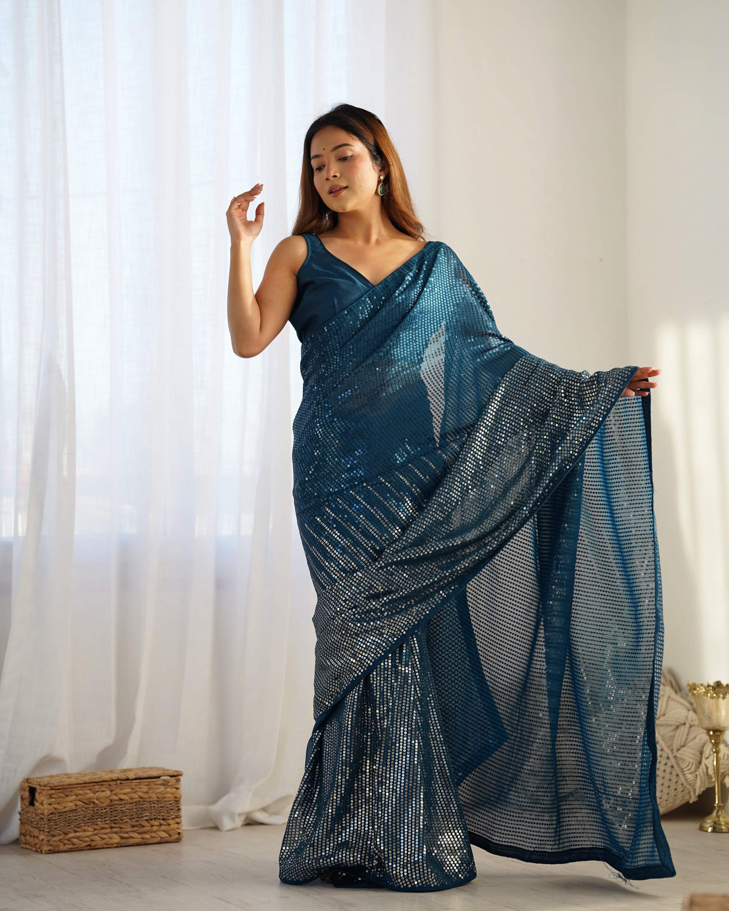 Jyoti Fashion Women's Teal Georgette Sequins Designer Saree with Blouse | Grocsy