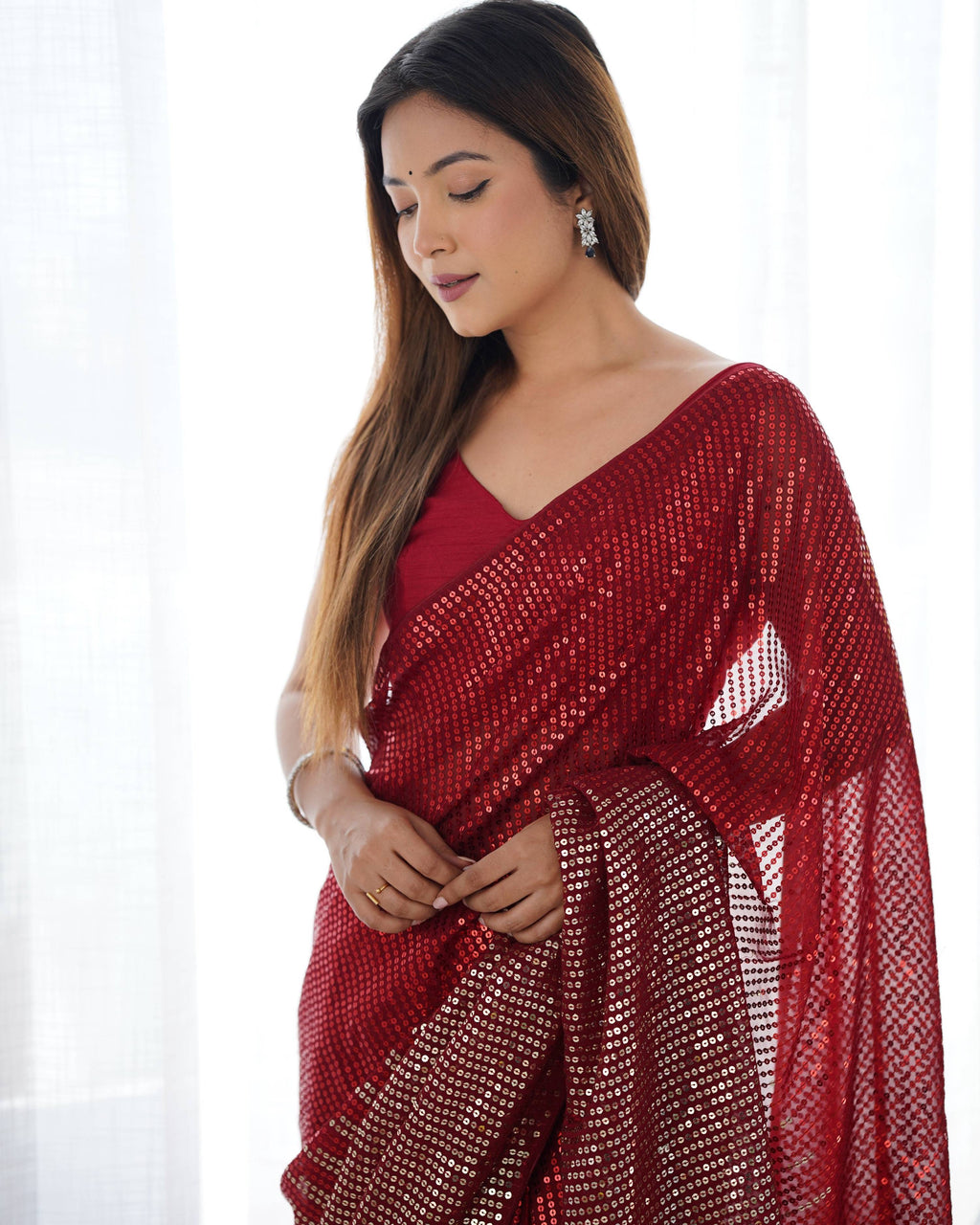 Jyoti Fashion Women's Maroon Georgette Sequins Designer Saree with Blouse | Grocsy