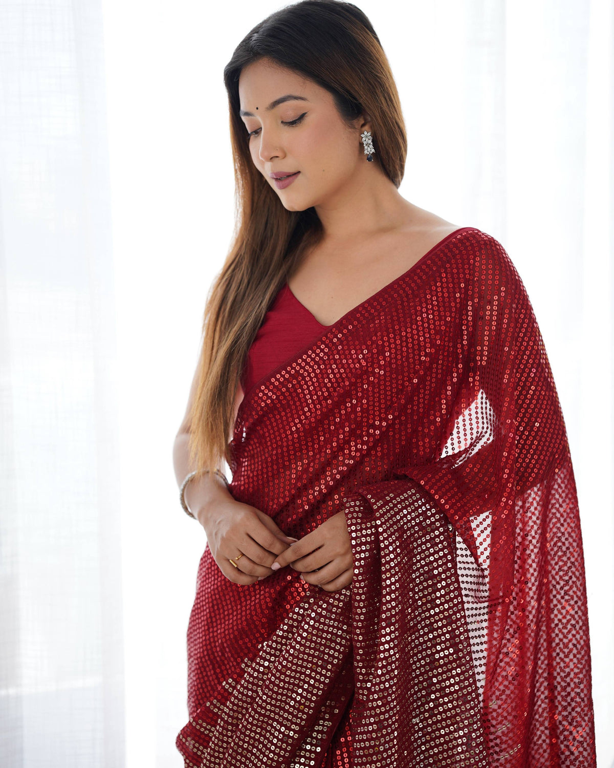 Jyoti Fashion Women's Maroon Georgette Sequins Designer Saree with Blouse | Grocsy