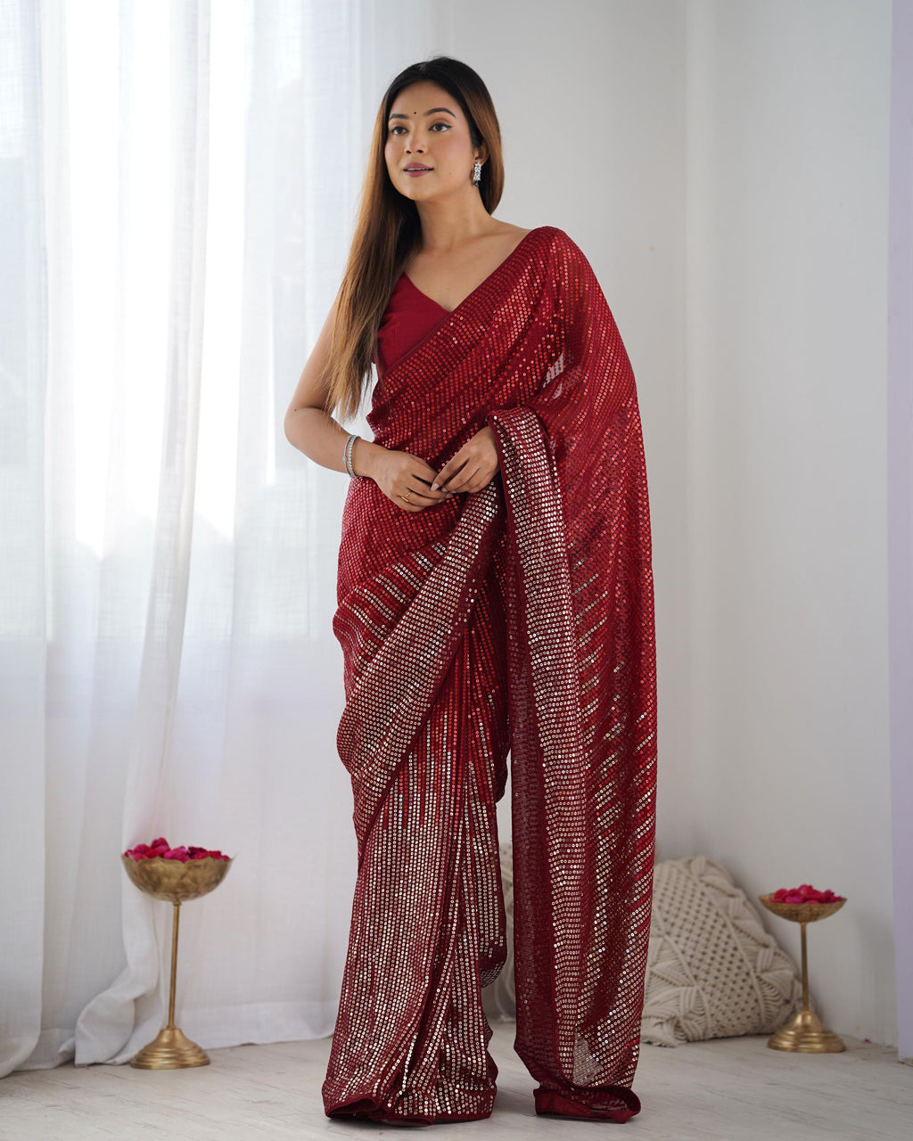 Jyoti Fashion Women's Maroon Georgette Sequins Designer Saree with Blouse | Grocsy