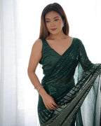 Jyoti Fashion Women's Bottle Green Georgette Sequins Designer Saree with Blouse | Grocsy