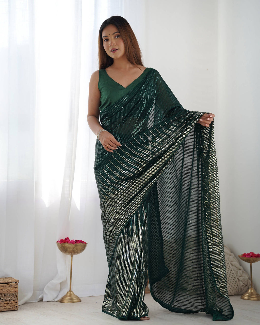 Jyoti Fashion Women's Bottle Green Georgette Sequins Designer Saree with Blouse | Grocsy