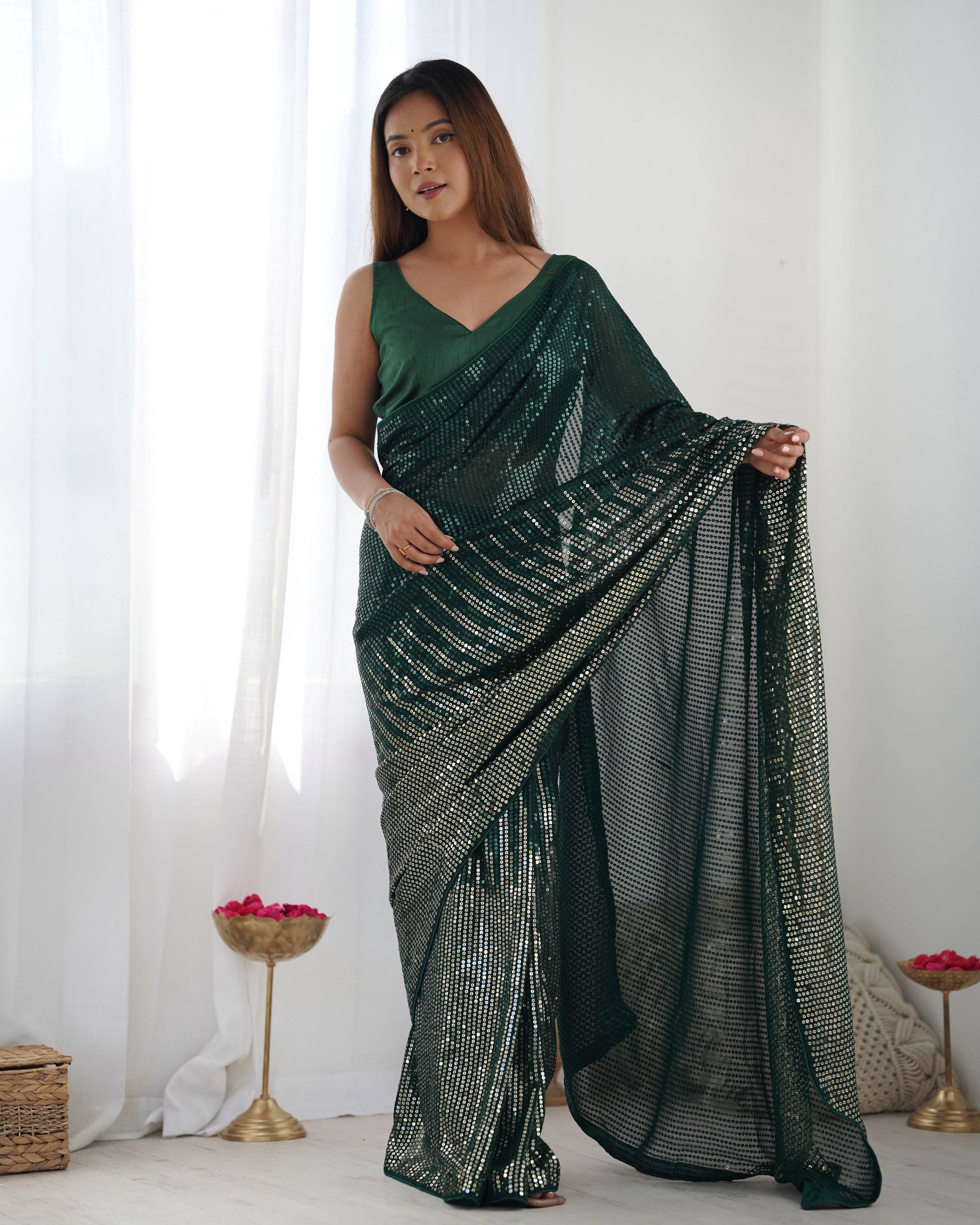 Jyoti Fashion Women's Bottle Green Georgette Sequins Designer Saree with Blouse | Grocsy