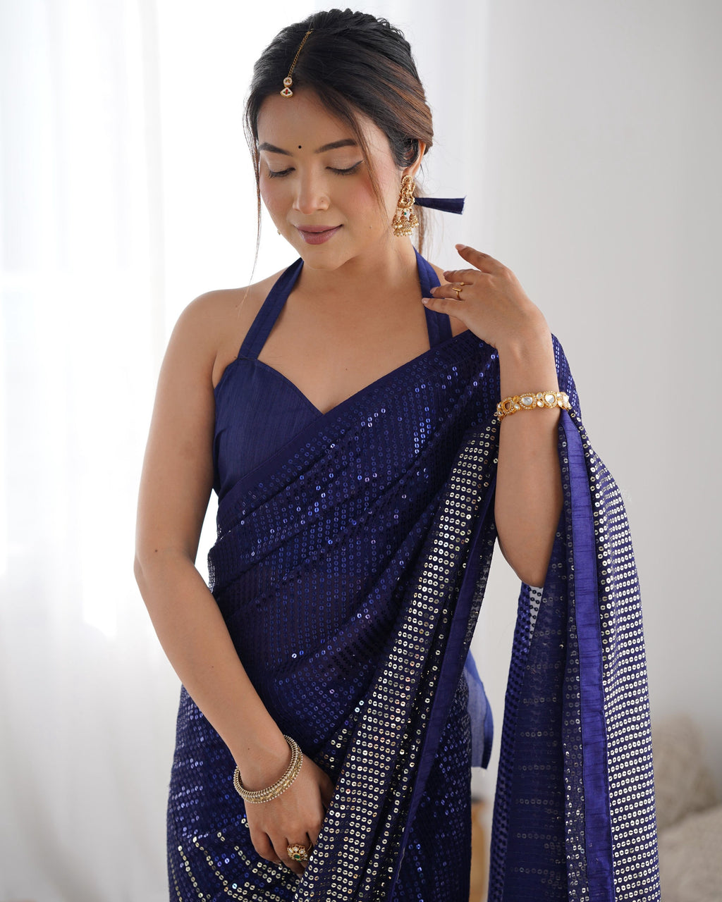 Jyoti Fashion Women's Navy Blue Georgette Sequins Designer Saree with Blouse | Grocsy