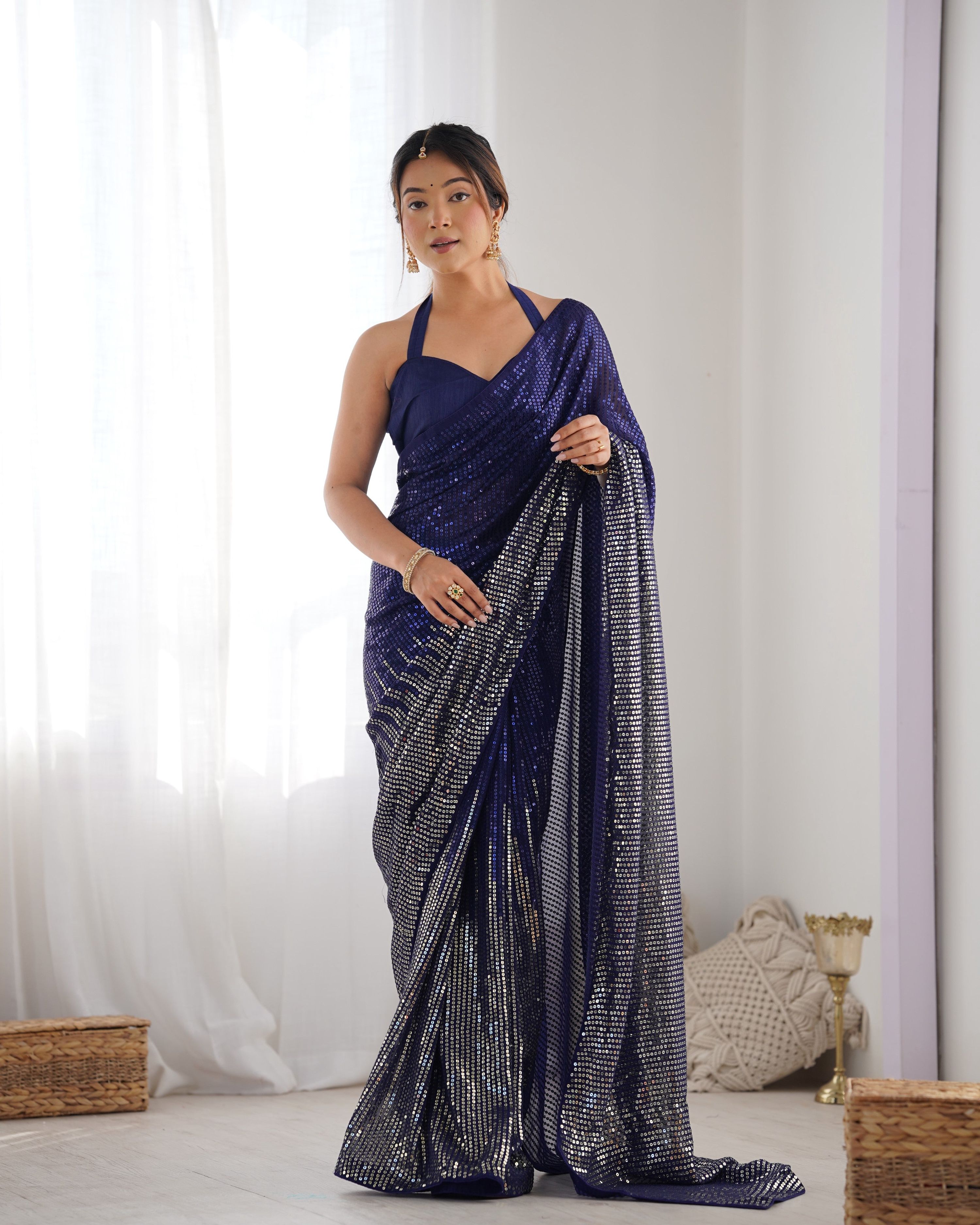 Jyoti Fashion Women's Navy Blue Georgette Sequins Designer Saree with Blouse | Grocsy