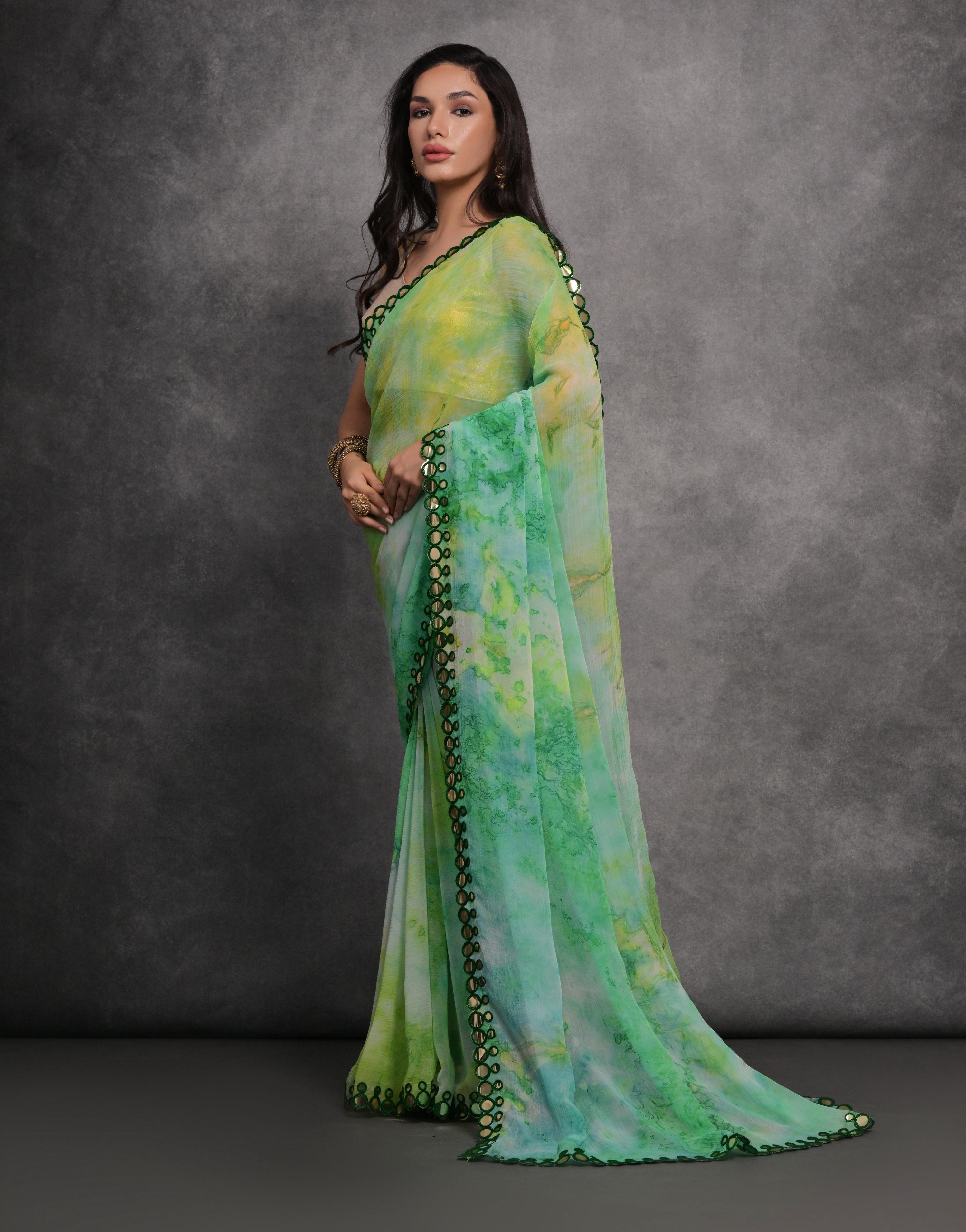 Jyoti Fashion Women's Green Chiffon Print with Mirror Work Designer Saree with Blouse | Grocsy