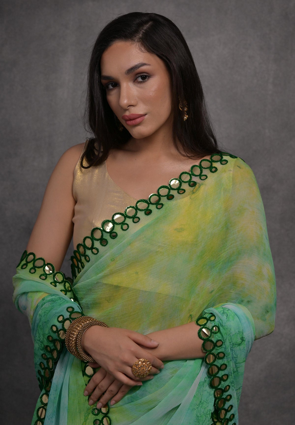 Jyoti Fashion Women's Green Chiffon Print with Mirror Work Designer Saree with Blouse | Grocsy