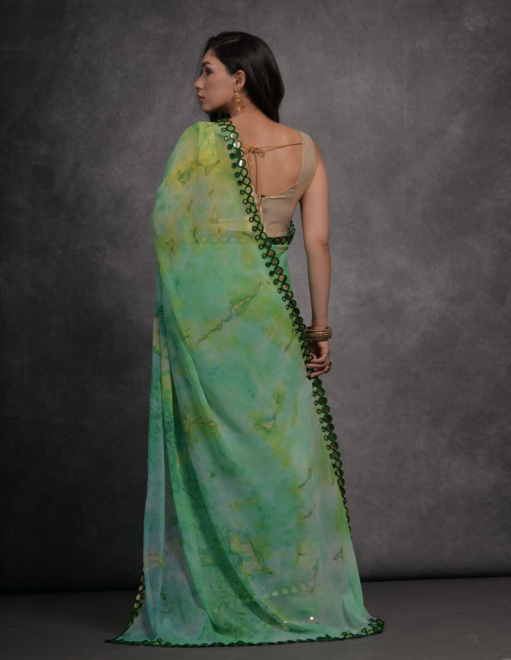 Jyoti Fashion Women's Green Chiffon Print with Mirror Work Designer Saree with Blouse | Grocsy