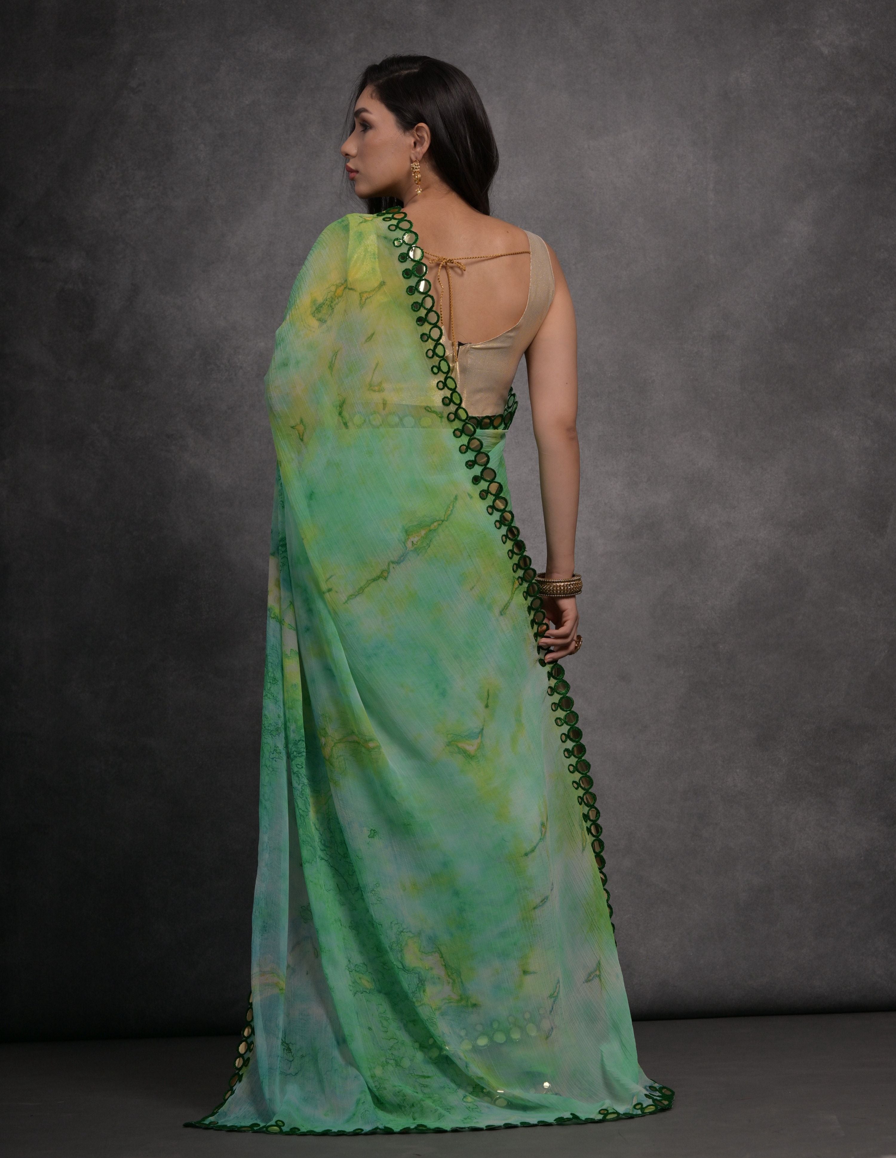 Jyoti Fashion Women's Green Chiffon Print with Mirror Work Designer Saree with Blouse | Grocsy