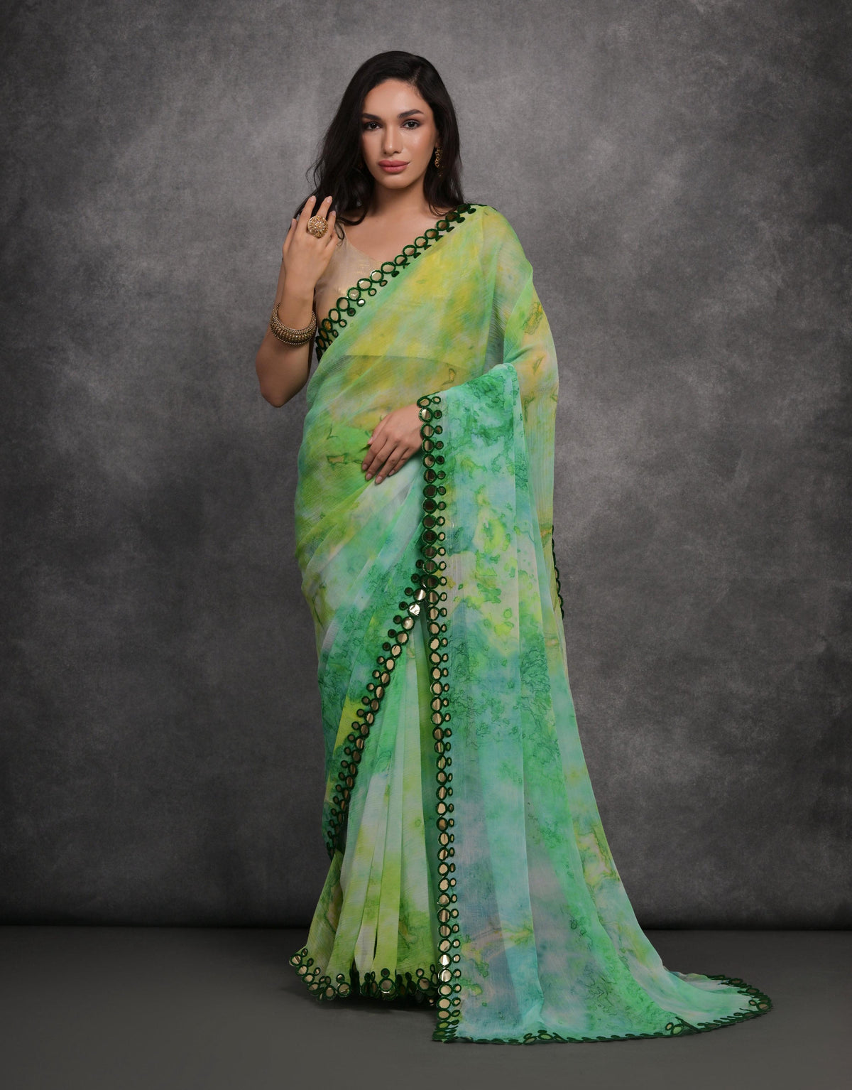 Jyoti Fashion Women's Green Chiffon Print with Mirror Work Designer Saree with Blouse | Grocsy