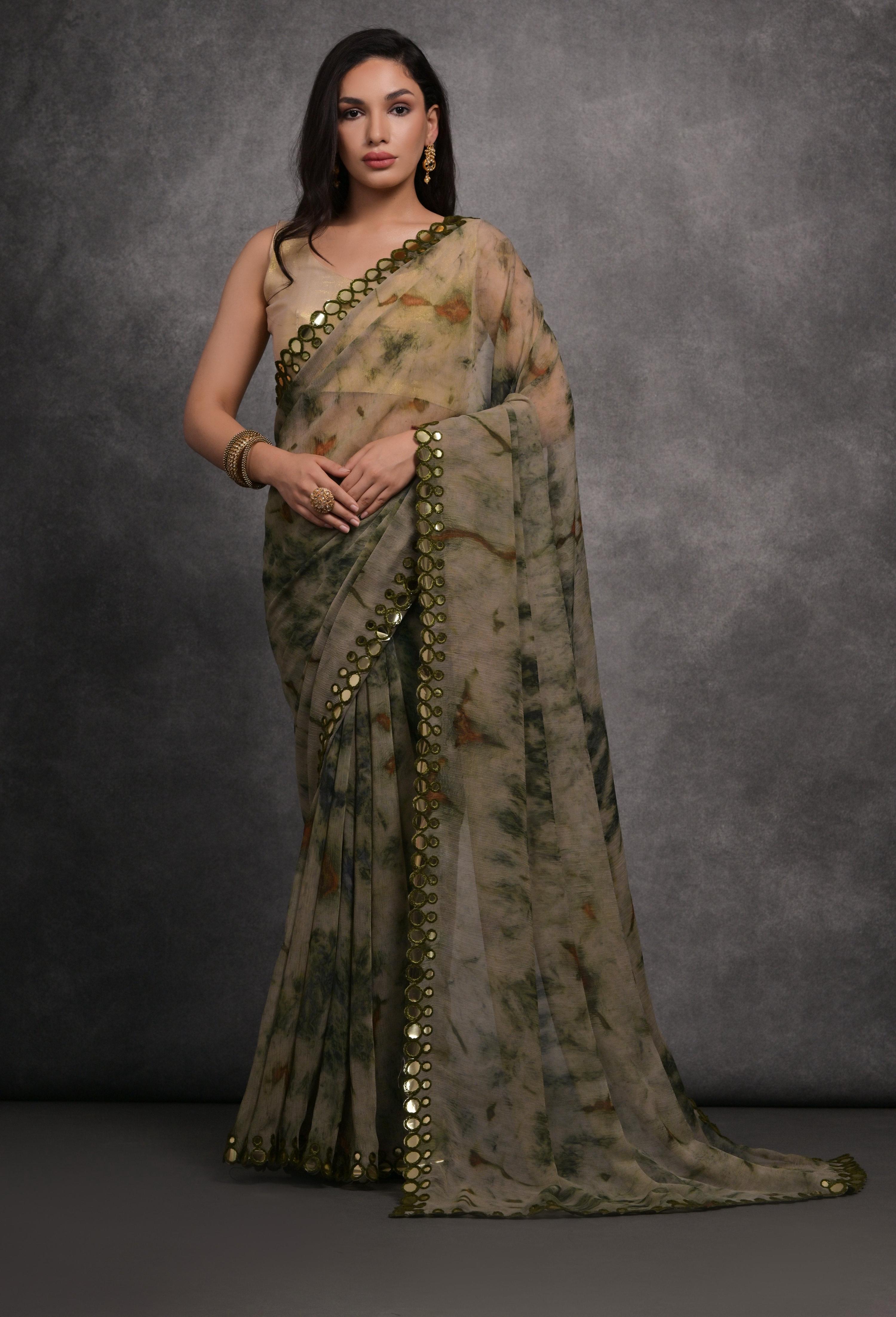 Jyoti Fashion Women's Grey Chiffon Print with Mirror Work Designer Saree with Blouse | Grocsy