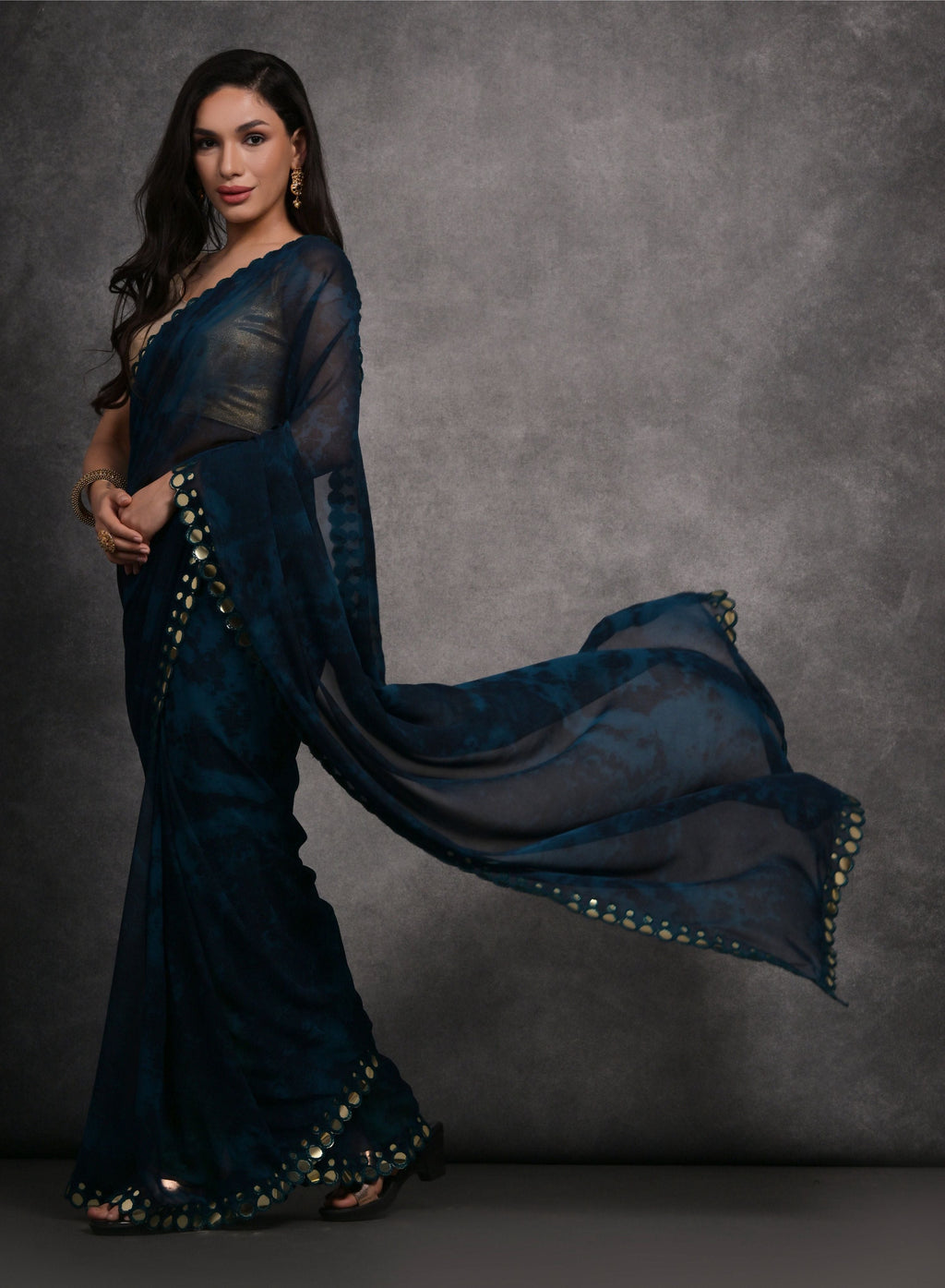 Jyoti Fashion Women's Navy Blue Chiffon Print with Mirror Work Designer Saree with Blouse | Grocsy