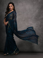 Jyoti Fashion Women's Navy Blue Chiffon Print with Mirror Work Designer Saree with Blouse | Grocsy