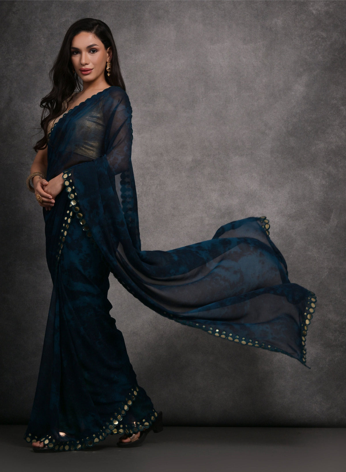Jyoti Fashion Women's Navy Blue Chiffon Print with Mirror Work Designer Saree with Blouse | Grocsy