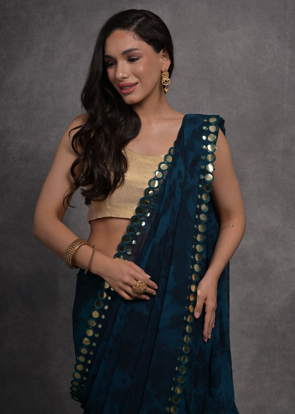 Jyoti Fashion Women's Navy Blue Chiffon Print with Mirror Work Designer Saree with Blouse | Grocsy