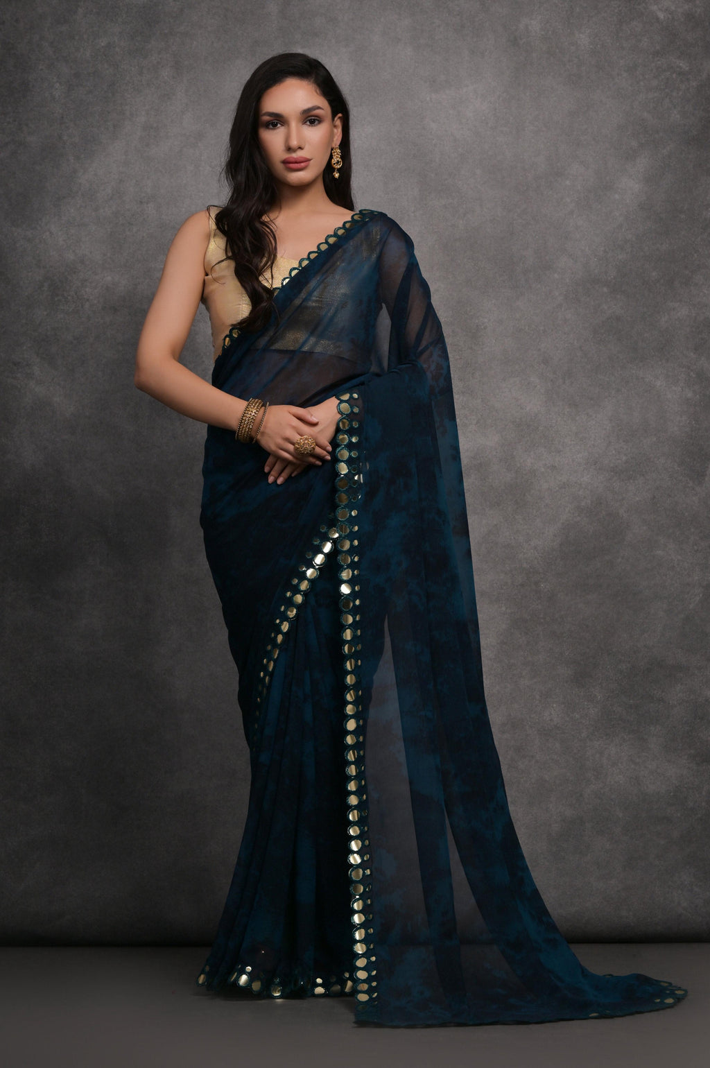 Jyoti Fashion Women's Navy Blue Chiffon Print with Mirror Work Designer Saree with Blouse | Grocsy
