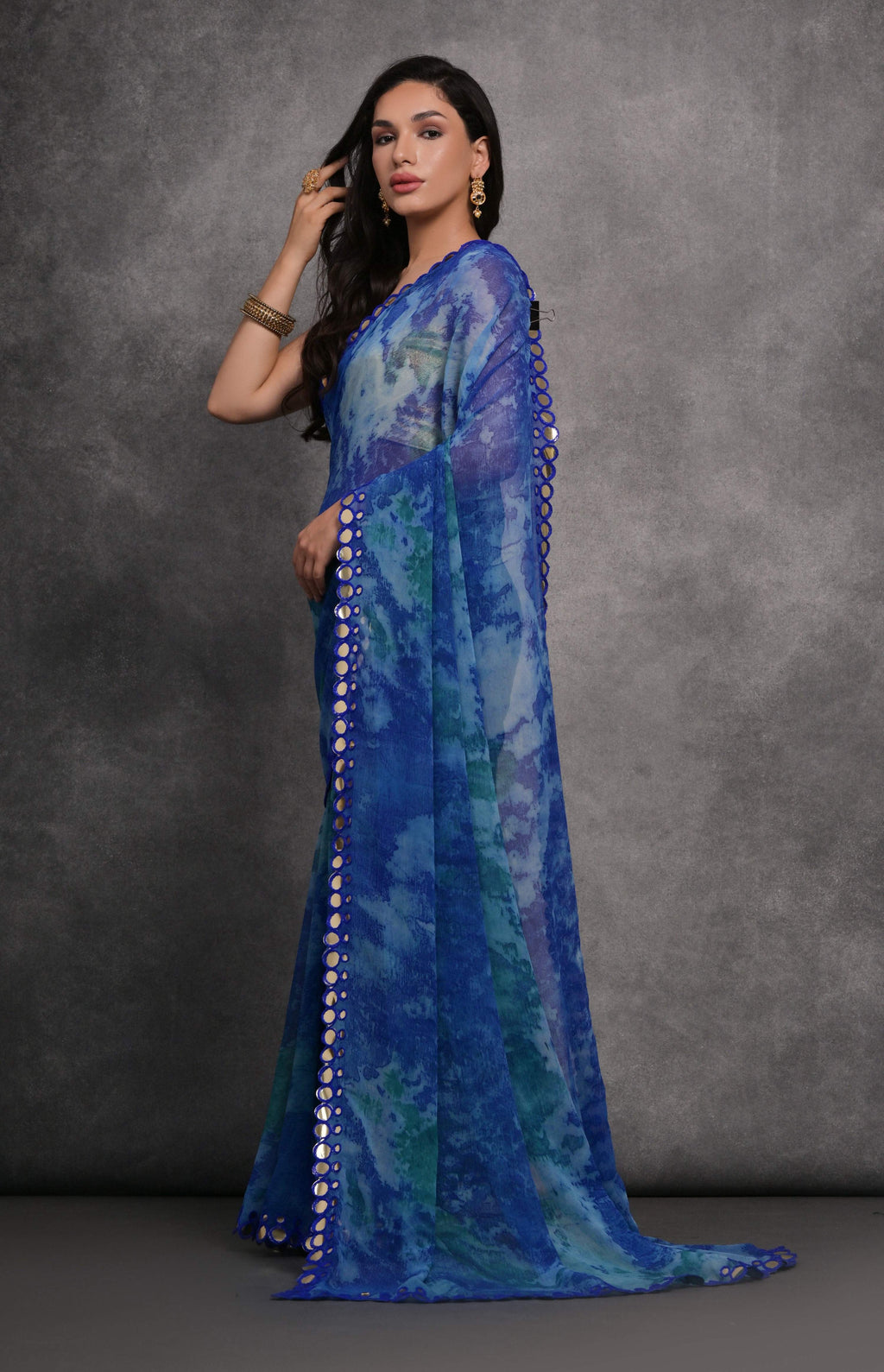 Jyoti Fashion Women's Blue Chiffon Print with Mirror Work Designer Saree with Blouse | Grocsy