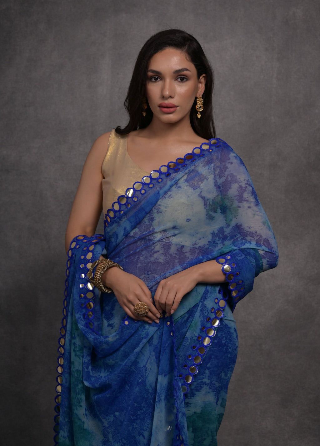 Jyoti Fashion Women's Blue Chiffon Print with Mirror Work Designer Saree with Blouse | Grocsy