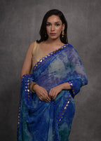 Jyoti Fashion Women's Blue Chiffon Print with Mirror Work Designer Saree with Blouse | Grocsy
