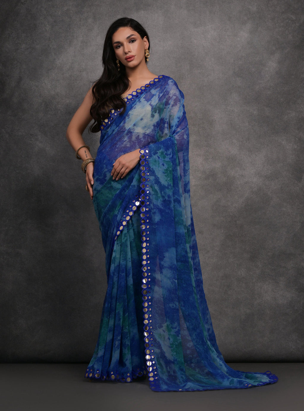 Jyoti Fashion Women's Blue Chiffon Print with Mirror Work Designer Saree with Blouse | Grocsy