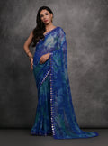 Jyoti Fashion Women's Blue Chiffon Print with Mirror Work Designer Saree with Blouse | Grocsy