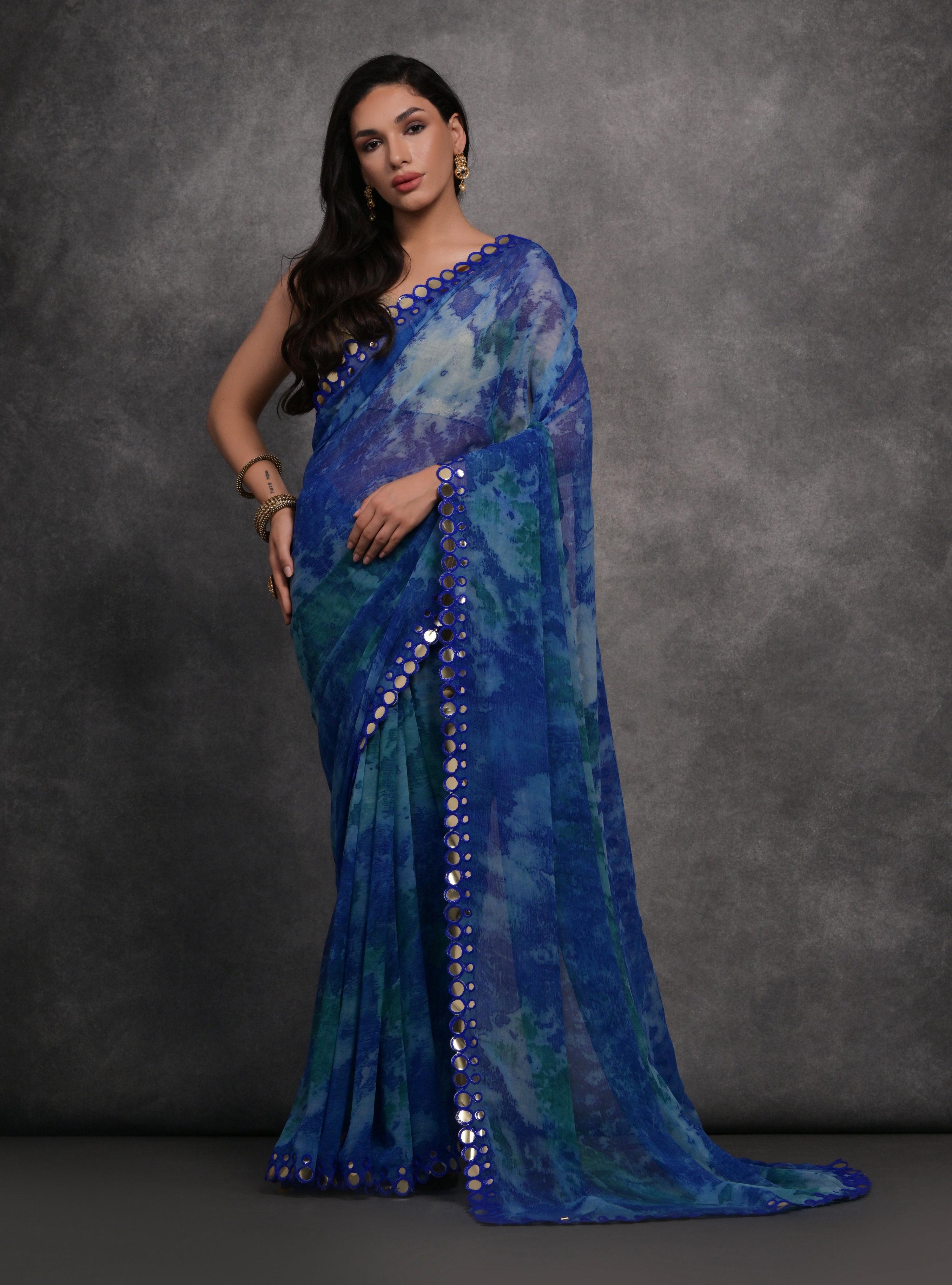 Jyoti Fashion Women's Blue Chiffon Print with Mirror Work Designer Saree with Blouse | Grocsy