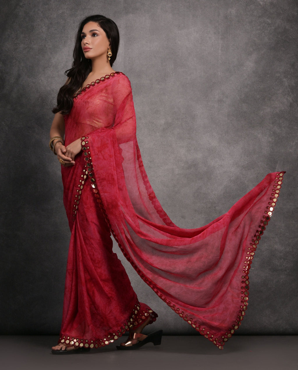 Jyoti Fashion Women's Pink Chiffon Print with Mirror Work Designer Saree with Blouse | Grocsy
