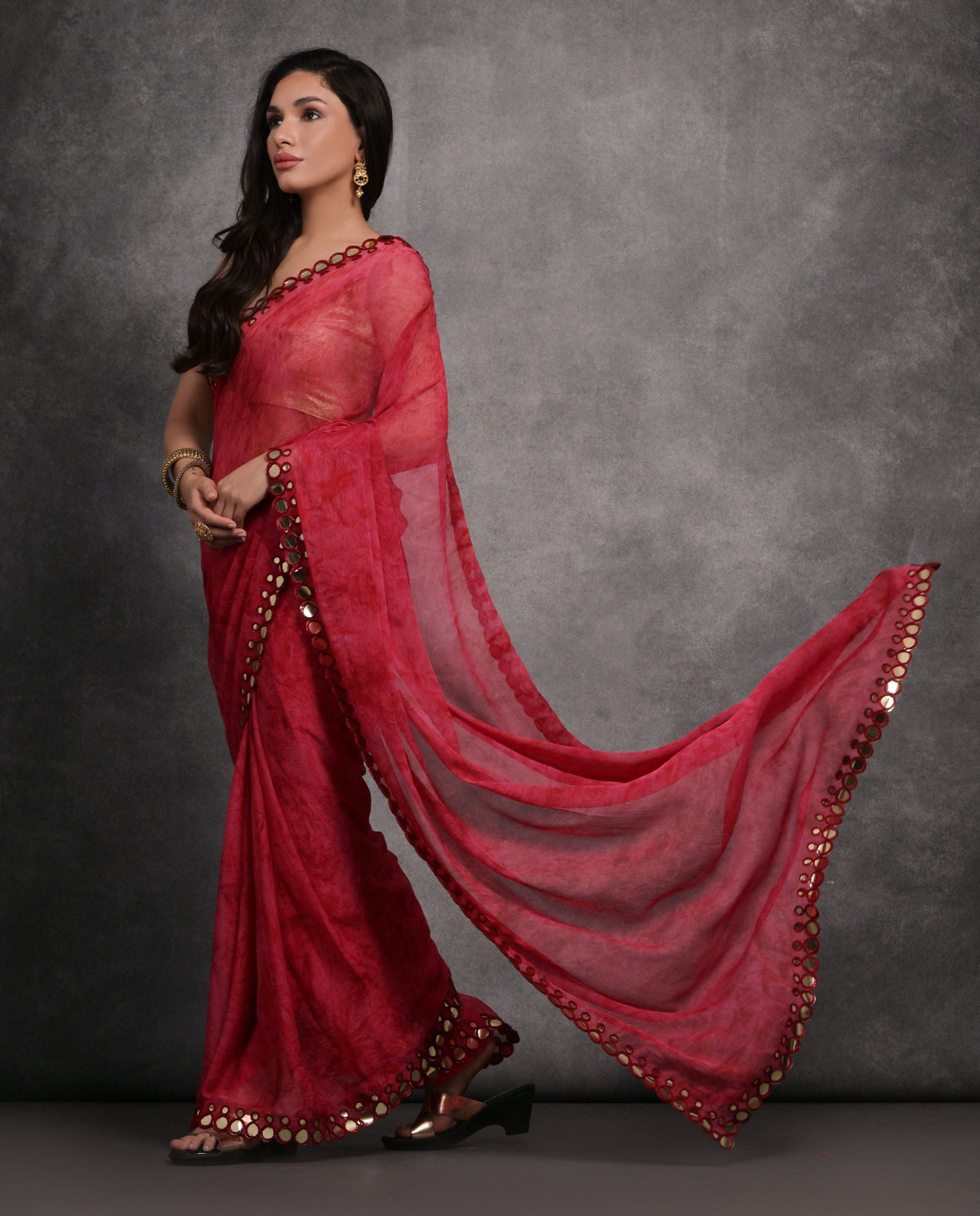Jyoti Fashion Women's Pink Chiffon Print with Mirror Work Designer Saree with Blouse | Grocsy