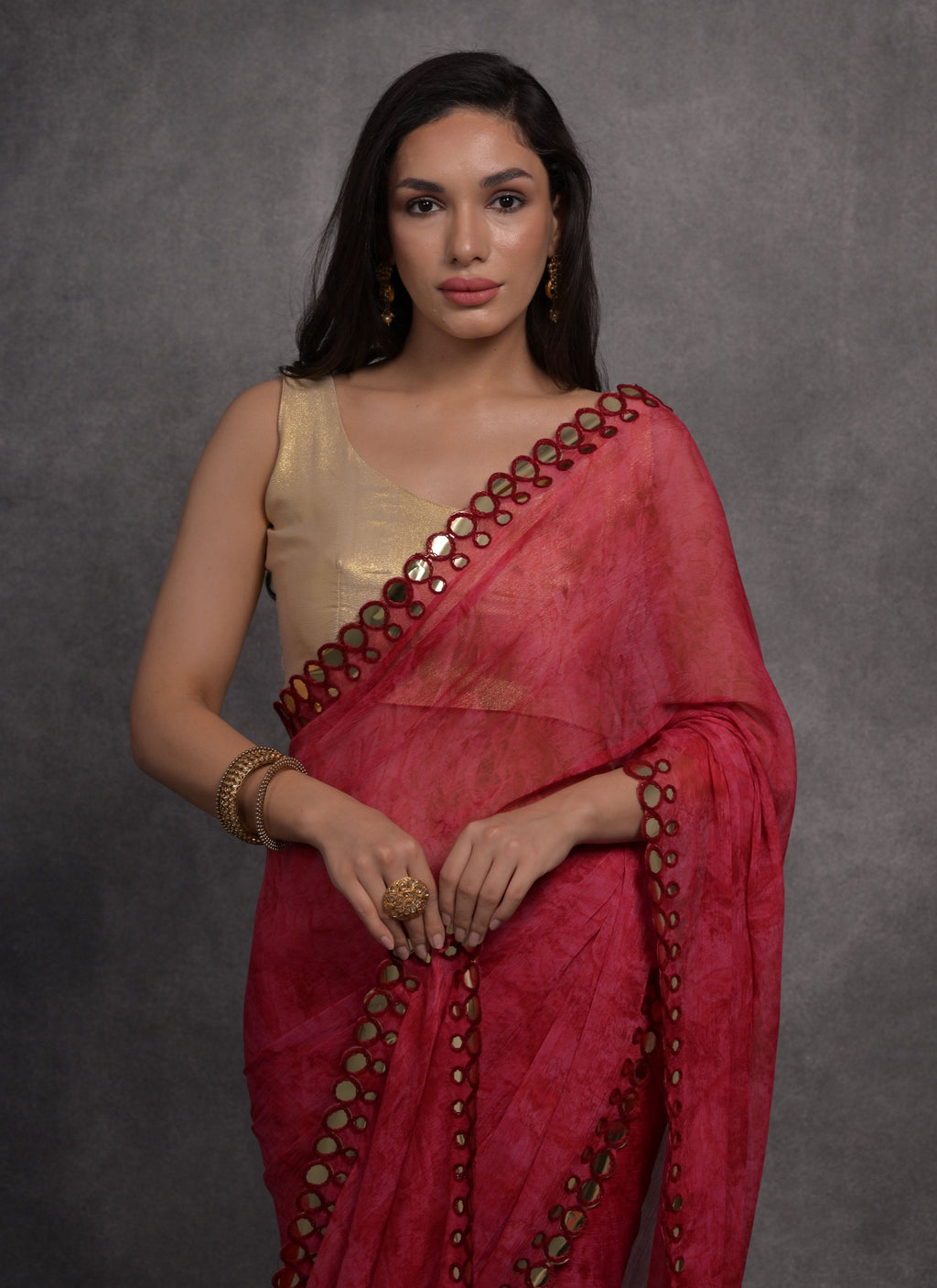 Jyoti Fashion Women's Pink Chiffon Print with Mirror Work Designer Saree with Blouse | Grocsy