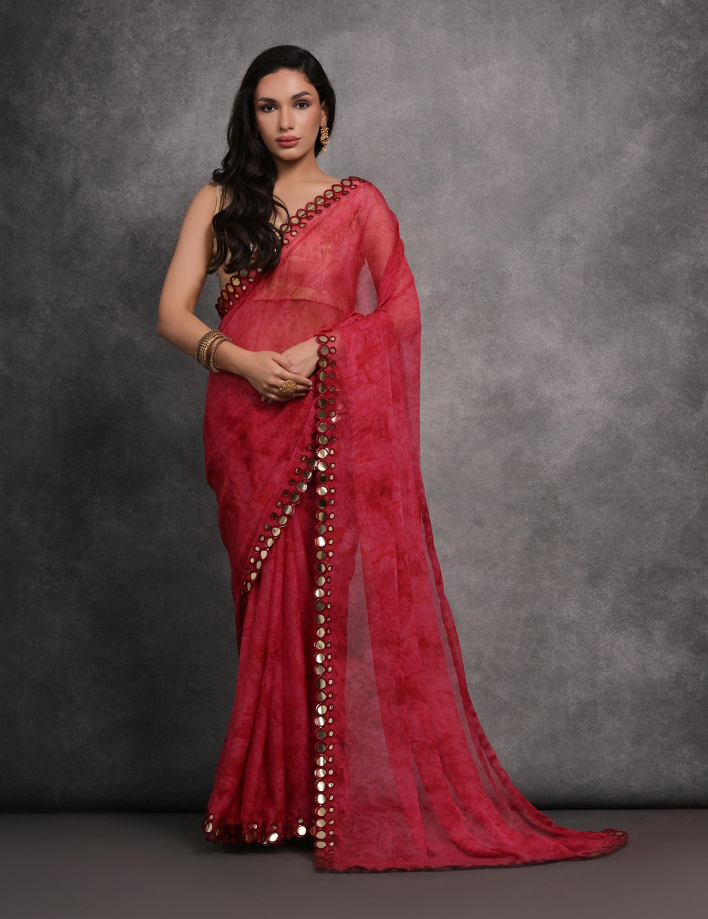 Jyoti Fashion Women's Pink Chiffon Print with Mirror Work Designer Saree with Blouse | Grocsy
