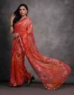 Jyoti Fashion Women's Red Chiffon Print with Mirror Work Designer Saree with Blouse | Grocsy