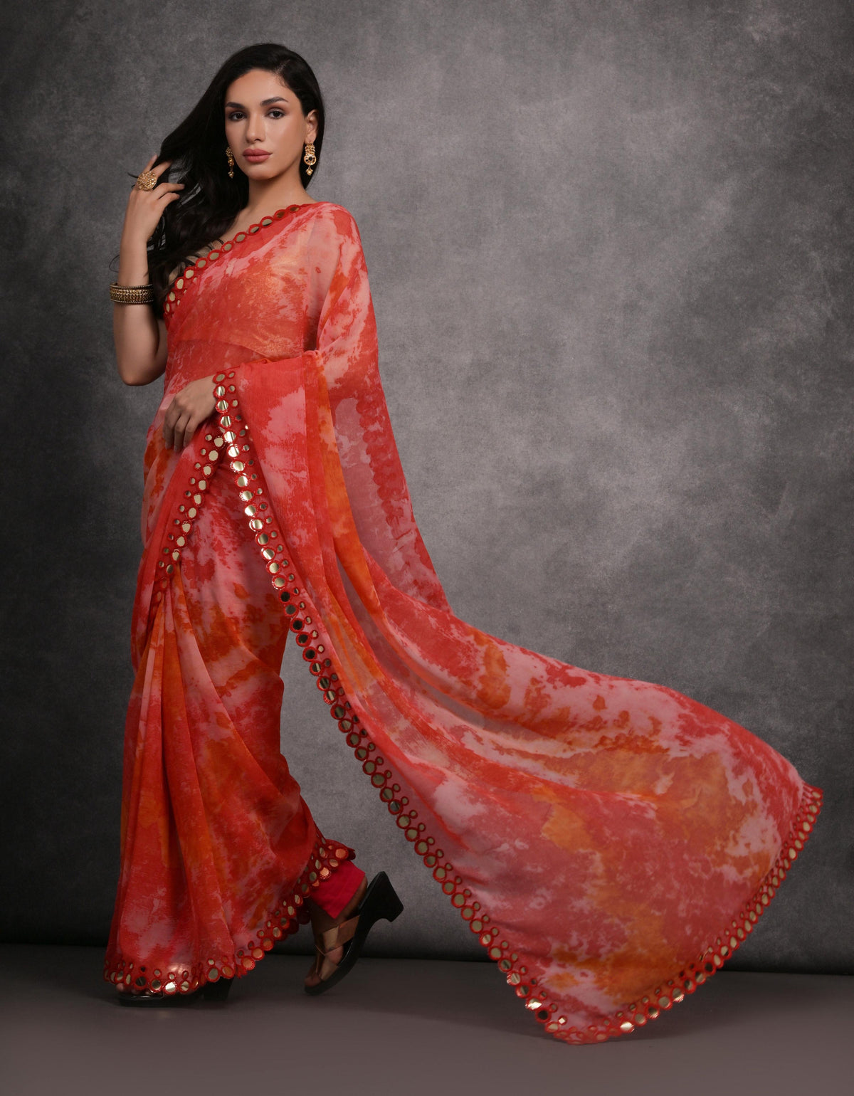 Jyoti Fashion Women's Red Chiffon Print with Mirror Work Designer Saree with Blouse | Grocsy