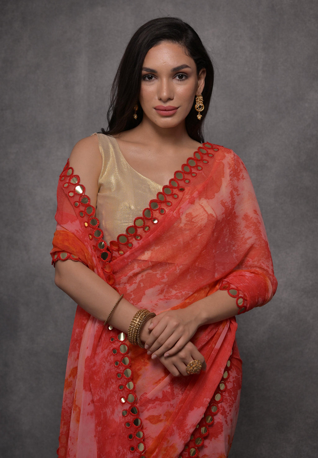 Jyoti Fashion Women's Red Chiffon Print with Mirror Work Designer Saree with Blouse | Grocsy
