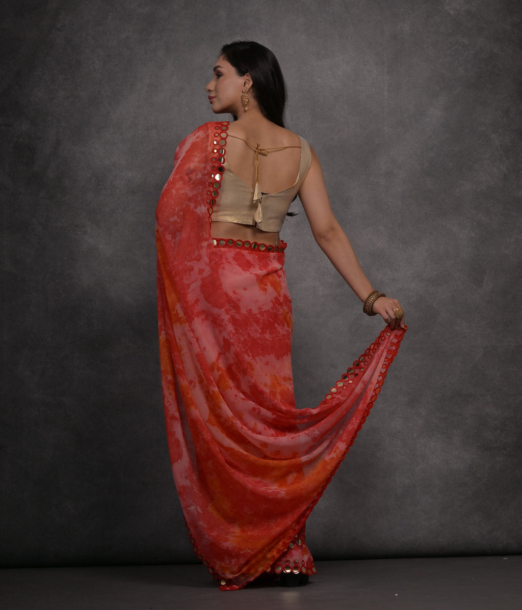 Jyoti Fashion Women's Red Chiffon Print with Mirror Work Designer Saree with Blouse | Grocsy