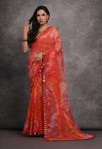 Jyoti Fashion Women's Red Chiffon Print with Mirror Work Designer Saree with Blouse | Grocsy