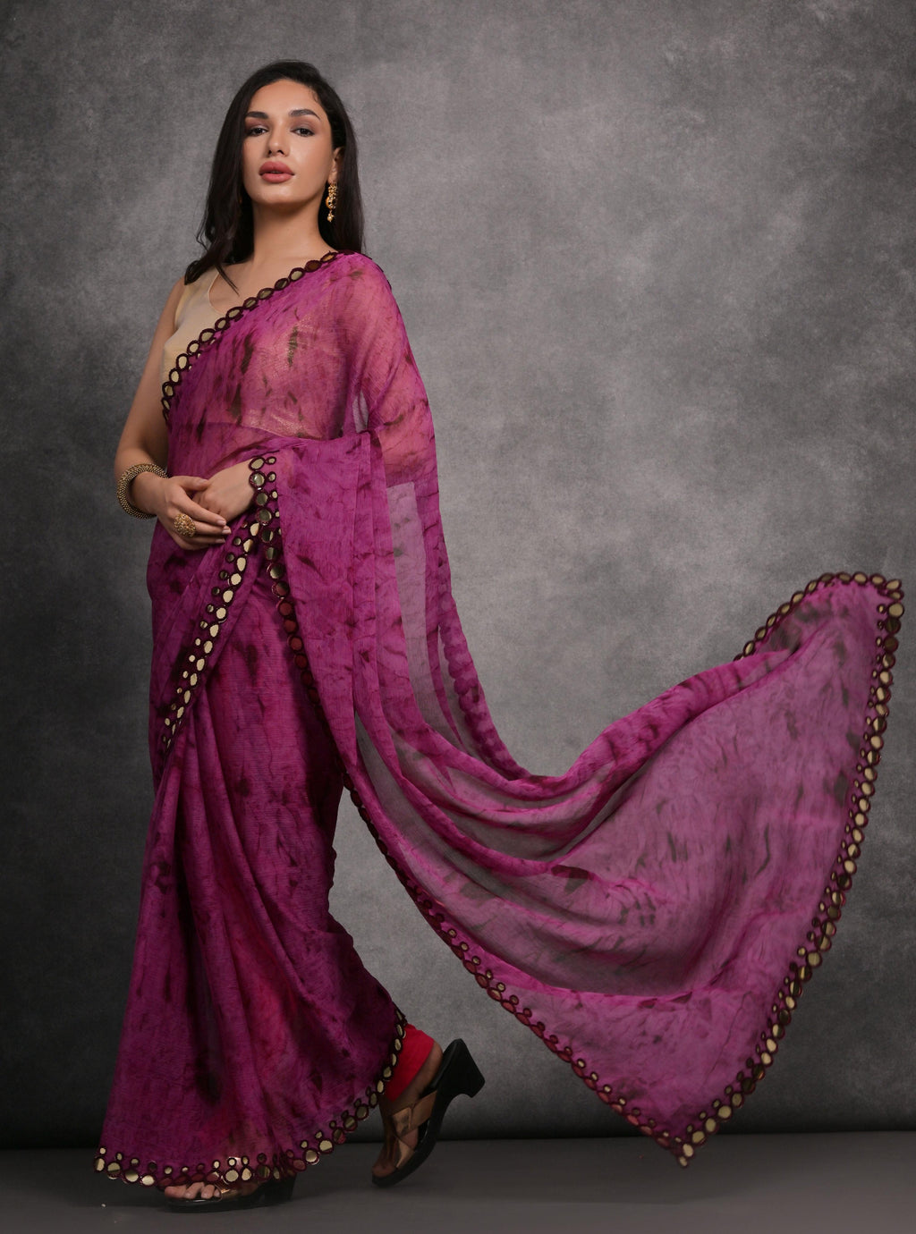 Jyoti Fashion Women's Wine Chiffon Print with Mirror Work Designer Saree with Blouse | Grocsy