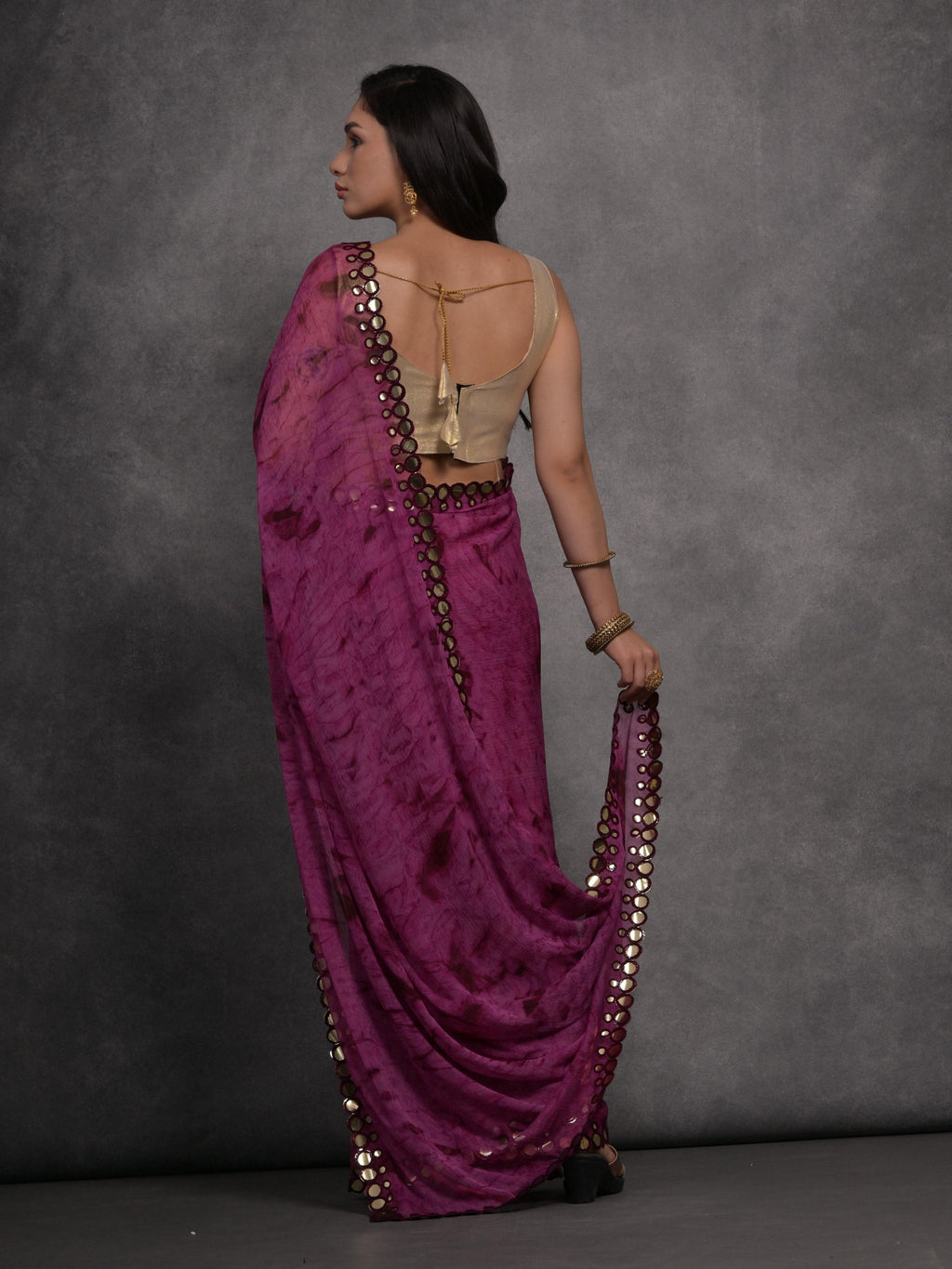 Jyoti Fashion Women's Wine Chiffon Print with Mirror Work Designer Saree with Blouse | Grocsy