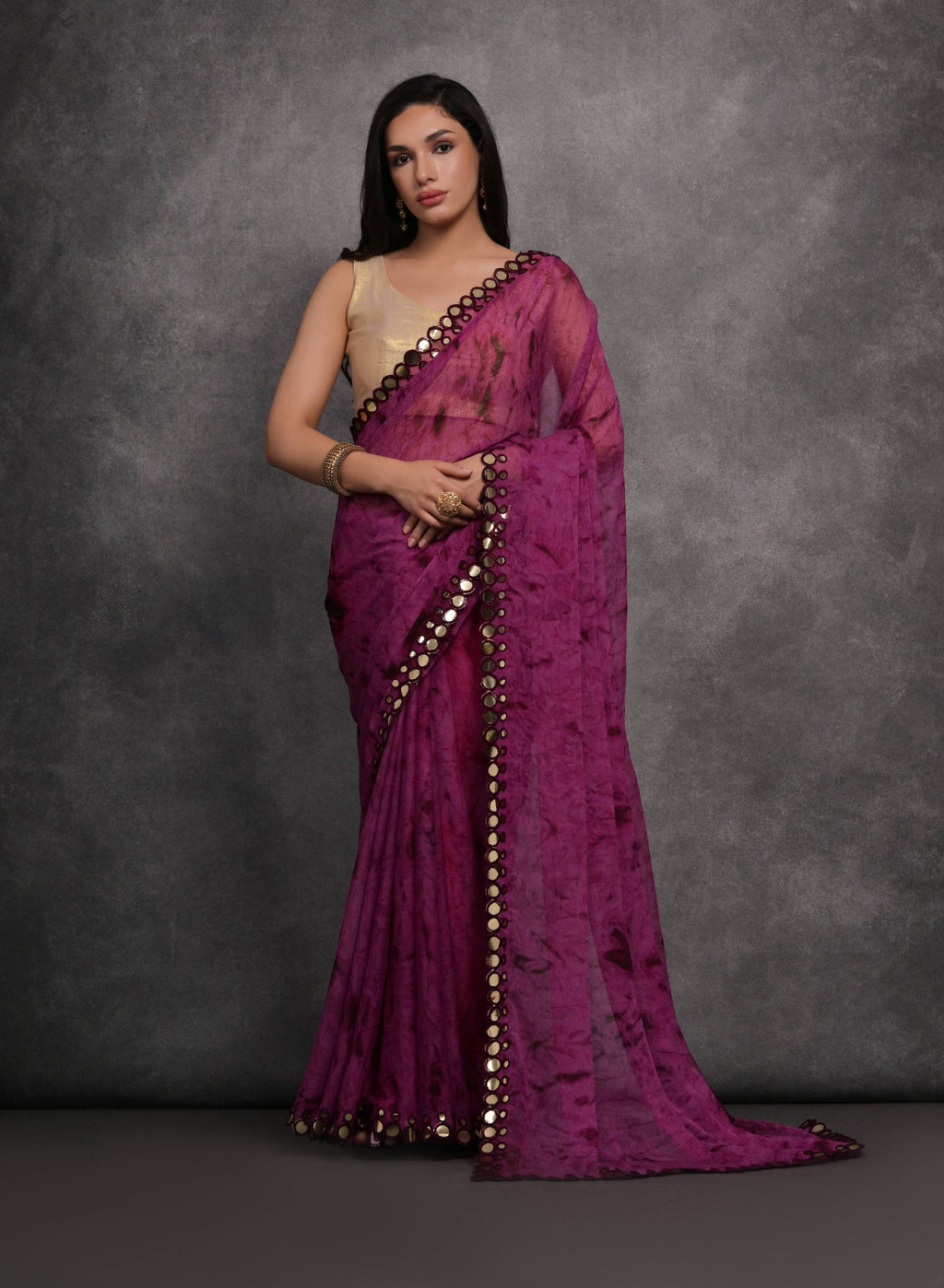 Jyoti Fashion Women's Wine Chiffon Print with Mirror Work Designer Saree with Blouse | Grocsy