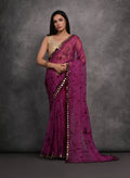 Jyoti Fashion Women's Wine Chiffon Print with Mirror Work Designer Saree with Blouse | Grocsy