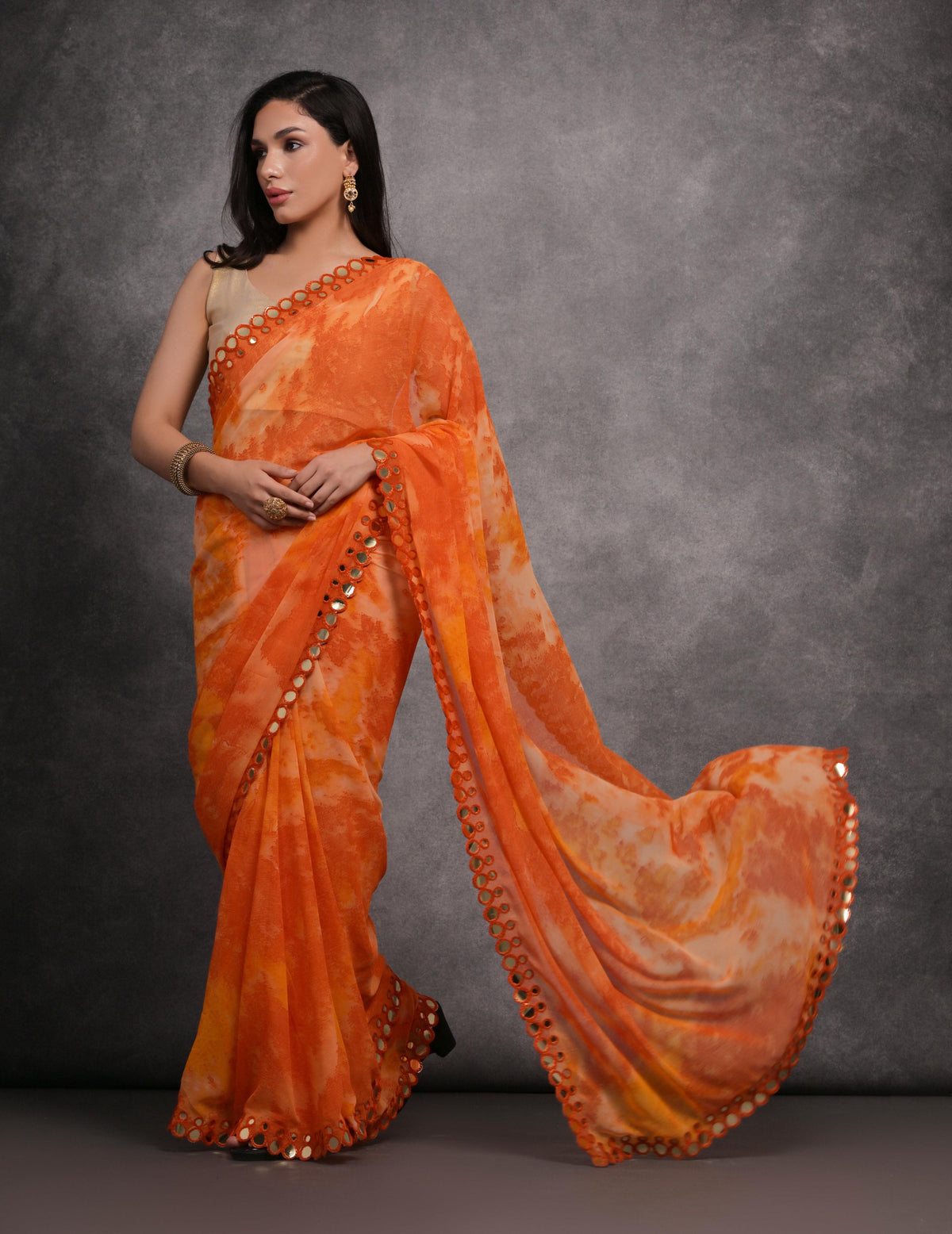 Jyoti Fashion Women's Orange Chiffon Print with Mirror Work Designer Saree with Blouse | Grocsy