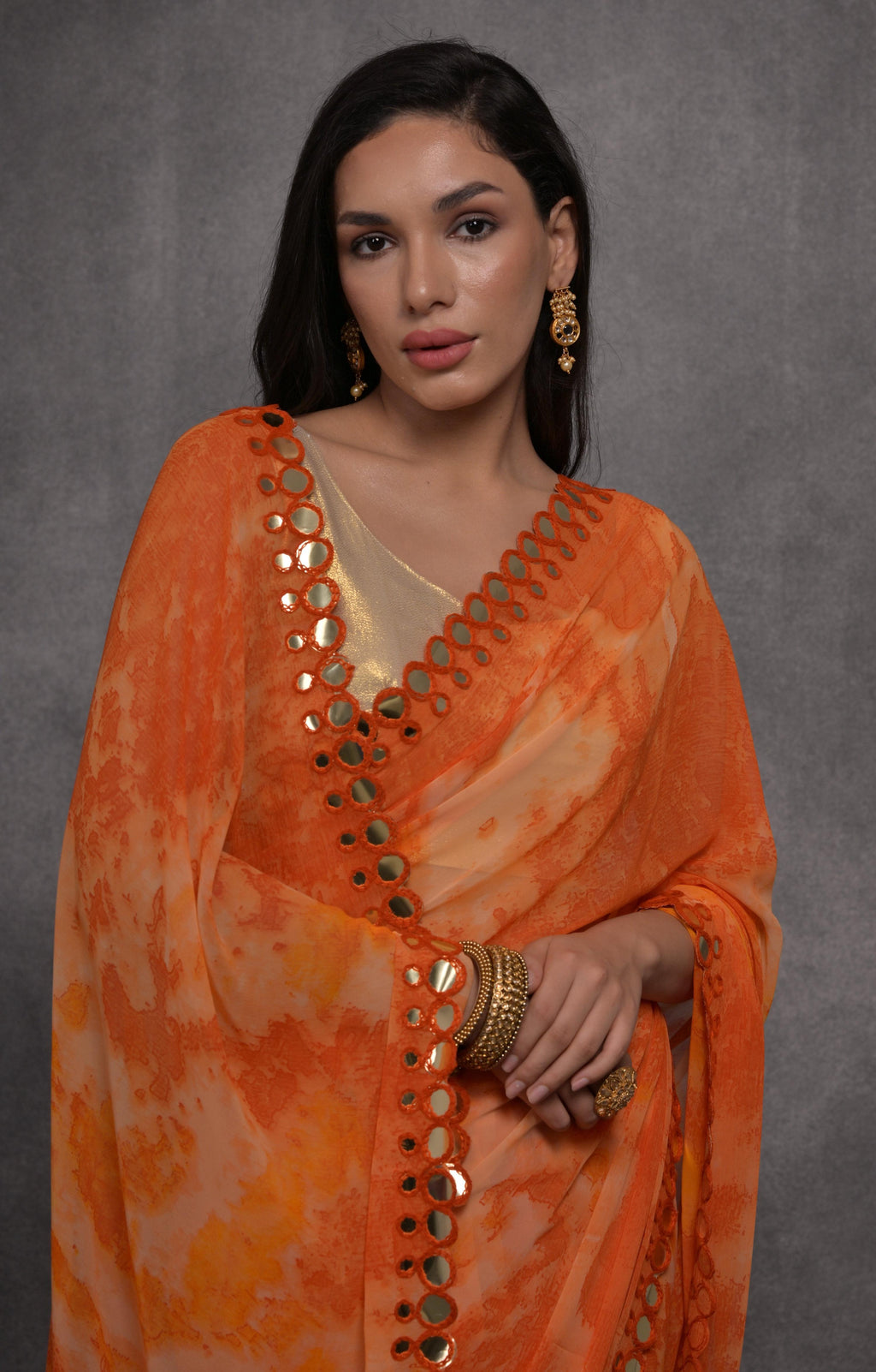 Jyoti Fashion Women's Orange Chiffon Print with Mirror Work Designer Saree with Blouse | Grocsy